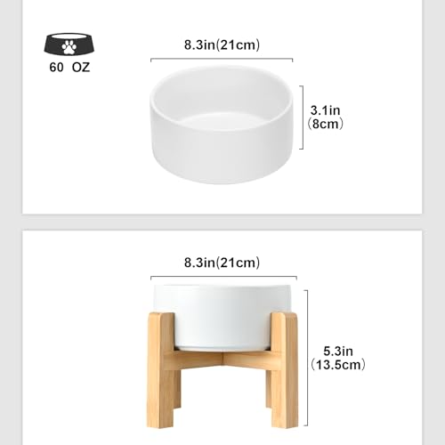 SPUNKYJUNKY Ceramic Elevated Dog Bowls 2 Pack - 8.3inch Raised Dog Bowls with Non-Slip Wooden Stand for Large Dogs Dishwasher Safe(White,60OZ*2) - color: White, size: Large - 7.6 CUPS*2