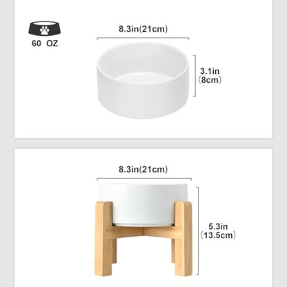 SPUNKYJUNKY Ceramic Elevated Dog Bowls 2 Pack - 8.3inch Raised Dog Bowls with Non-Slip Wooden Stand for Large Dogs Dishwasher Safe(White,60OZ*2) - color: White, size: Large - 7.6 CUPS*2
