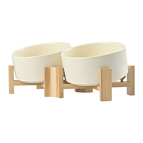 SPUNKYJUNKY 15° Slanted Ceramic Dog and Cat Bowl with Wooden Stand, Tilted Bulldog Food and Water Bowl No Slip Non-Spill for Cats Medium Dogs Big Face Pets 28.7 OZ (3.6 Cups, Beige × 2) - color: Beige, size: 3.6 CUPS × 2