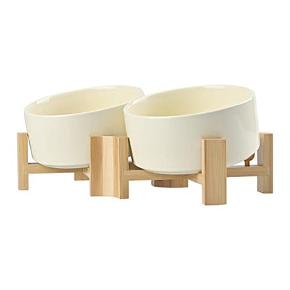 SPUNKYJUNKY 15° Slanted Ceramic Dog and Cat Bowl with Wooden Stand, Tilted Bulldog Food and Water Bowl No Slip Non-Spill for Cats Medium Dogs Big Face Pets 28.7 OZ (3.6 Cups, Beige × 2) - color: Beige, size: 3.6 CUPS × 2