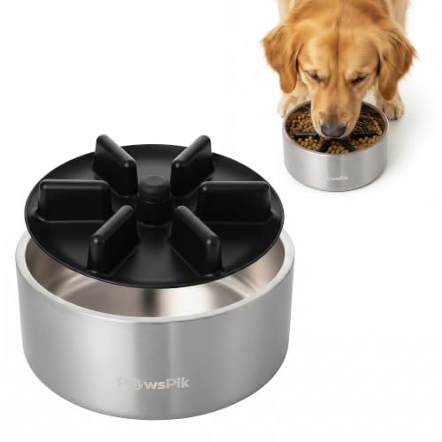PawsPik 64oz 18/8 Stainless Steel Slow Feeder Dog Bowl, Double-Wall Non-Slip Metal Dog Bowl for Fast Eating Medium & Large Breeds, Detachable Slow Feeder Insert, Dishwasher Safe (Arctic Steel Silver) - color: Arctic Steel Silver