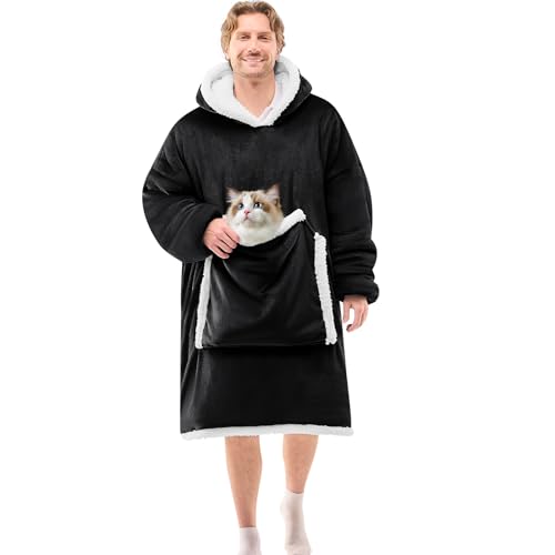 JOYWOO Black Oversized Wearable Blanket Hoodie, Cat lovers Long Hoodie Blanket for Adult,Birthday Gifts for Women Men Mom,Cozy Fuzzy Sherpa Fleece Sweatshirt Hooded Blanket Giant Pocket Gifts,Oversize - color: Midnight Black, size: Oversize