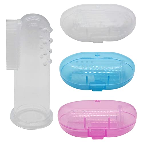 Gadgetime USA Baby Finger Toothbrush Set - Silicone Toddler Toothbrush with 3 Cases in Blue, Pink & Clear - Newborn Oral Massager