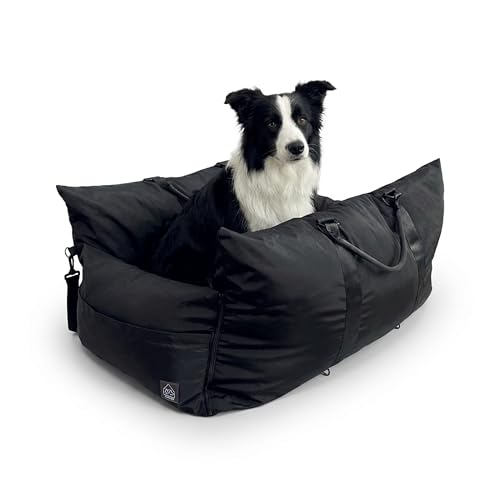 4 Cats & Dogs Marco Travel Pet Bed – Dog Car Seat for Small & Medium Dogs, Waterproof, Faux Fur Cushion, Safety Belt, Washable Cover, Storage Pockets, Booster Seat (Black, Double Seater 20.5" x 35.5") - color: Black, size: Two Seater