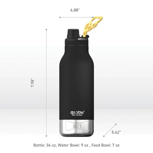asobu Dog Barky Bottle - 음식, 간식 및 물을 위한 탈착식 강아지 그릇 2개가 있는 단열 스테인리스 스틸 물병 - 하이킹, 도로 여행 및 야외 모험을 위한 반려동물 친화적인 여행용 병 - color: 블랙.