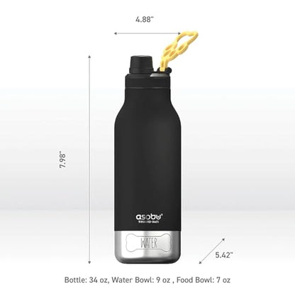 asobu Dog Barky Bottle - 음식, 간식 및 물을 위한 탈착식 강아지 그릇 2개가 있는 단열 스테인리스 스틸 물병 - 하이킹, 도로 여행 및 야외 모험을 위한 반려동물 친화적인 여행용 병 - color: 블랙.