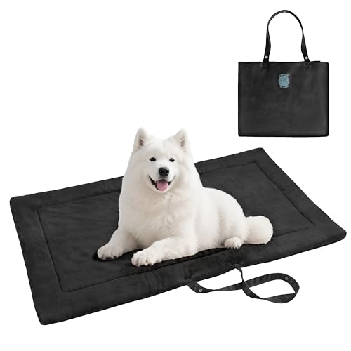 Kritter Planet Waterproof Foldable Dog Bed Pad for Camping & Travel, Portable Roll-Up Dog Bed Car Seat Pet Cushion Mat with Handles for Medium & Large Dogs, Indoor & Outdoor Use - color: Black, size: 50"x28"