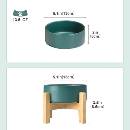 SPUNKYJUNKY Ceramic Elevated Dog Bowls 2 Pack - 5.1inch Raised Dog Bowls with Non-Slip Wooden Stand for Small Dogs Dishwasher Safe(Green,13.5OZ*2) - color: Green, size: Small - 1.7 CUPS*2