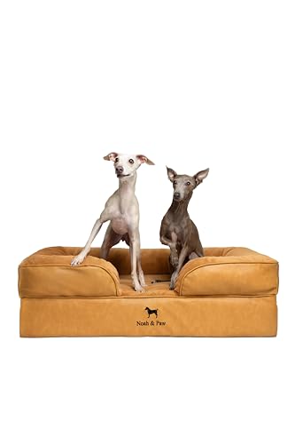 NOAH & PAW Large Dog Bed, 35x25x11 Inch, Orthopedic Dog Beds, Eggshell Memory Foam Infused with Cooling Gel, Inner Cover, Water Resistant, Machine Washable (Faux Leather) - color: Vegan Leather - Camel, size: Large