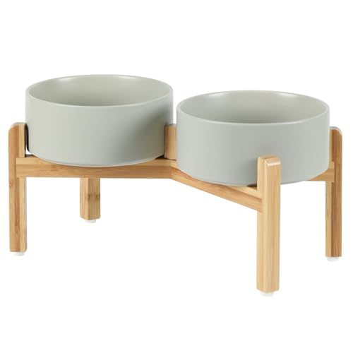 Havniva 7.3” Dog Bowls Elevated Ceramic Dog Food and Water Bowl Set, Double Raised Dog Water Bowl with Stand Non-Slip Rubber Base Large Capacity Feeding Pet Food Bowl for Medium Dogs - color: Matte Gray - 2 Bowls+Stand, size: 7.3 Inch
