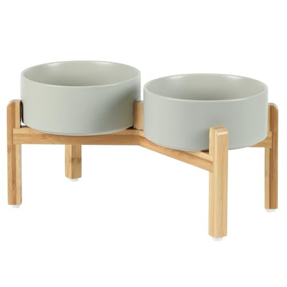 Havniva 7.3” Dog Bowls Elevated Ceramic Dog Food and Water Bowl Set, Double Raised Dog Water Bowl with Stand Non-Slip Rubber Base Large Capacity Feeding Pet Food Bowl for Medium Dogs - color: Matte Gray - 2 Bowls+Stand, size: 7.3 Inch