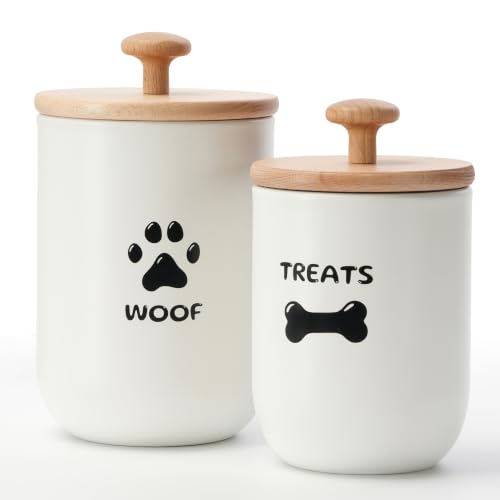 Dog Treat Container Set of 2, Dog treat jar with Airtight Lid, Small dog food container, Dog Cookie Jar for kitchen Counter, Treats Canister, Pet Treat Container 8.3x4.9 & 7.1x4.3 (White) - color: White