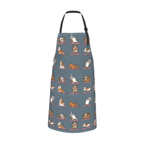 Dog or Paw Apron - 33" x 28" Large with 26" Waist Ties, Lightweight, with 2 Pockets for Your Cooking Essentials - style: English Bulldog Yoga