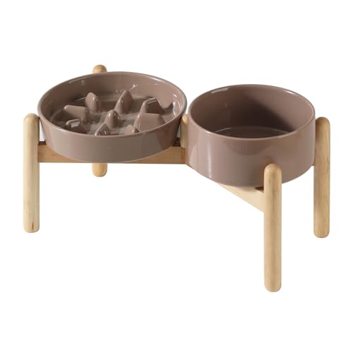 Havniva 7.3” Raised Slow Feeder Dog Bowls Set, 1.2 Cups Ceramic Slow Feeder Dog Bowl and 6.1” Dog Water Bowl with Elevated Wooden Stand Puzzle Dog Food Bowl for Small Dogs Anti-Gulping & Anti-Choking - color: 2 x Brown Coffee+Stand-C, size: 7.3inch