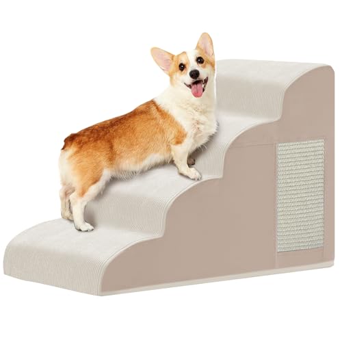 Dogs Steps for Bed, Dog Stairs for Small Dogs, 4-Step Dog Ramp for Bed, Couch, Sofa, and Chairs, Non-Slip Bottom Design, Cat Scratching, High Density Foam Portable Pet Step, Indoor, Beige - color: Beige, size: 4-Step 19.7"H