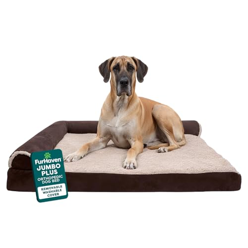FurHaven Orthopedic Dog Bed for Large Dogs, L-Shaped Chaise Contour Mattress with Solid Orthopedic Foam Slab for Joint Support, Removable Washable Cover, Jumbo Plus XXL, Faux Fur & Suede, Espresso - color: Espresso, size: Jumbo Plus