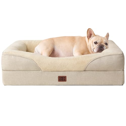 EHEYCIGA Orthopedic Dog Bed for Medium Dog, Memory Foam Dog Couch Bed with Sides, Waterproof Liner & Washable Removable Cover, Bolster Pet Sofa, 30x20 Beige - color: Beige, size: 30x20x6.5
