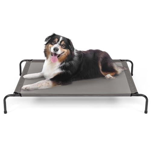 Elevated Dog Bed, Outdoor Raised Dog Cots Bed for Large Dogs, Portable Standing Pet Bed with Washable Breathable Mesh, No-Slip Feet for Indoor Outdoor, Large, Gray