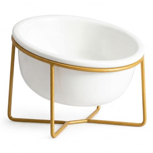 White Small Ceramic Tilted Elevated Cat Dog Bowl Raised Cat Food Water Bowl Dish Pet Comfort Feeding Bowls with Gold Iron Stand - color: White, size: Small