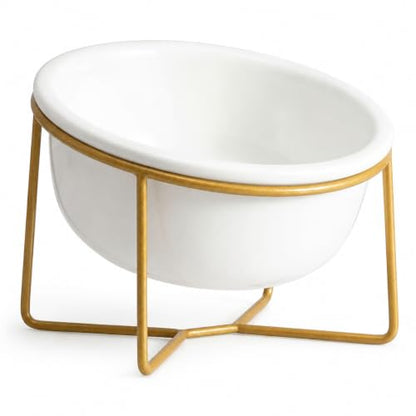 White Small Ceramic Tilted Elevated Cat Dog Bowl Raised Cat Food Water Bowl Dish Pet Comfort Feeding Bowls with Gold Iron Stand - color: White, size: Small