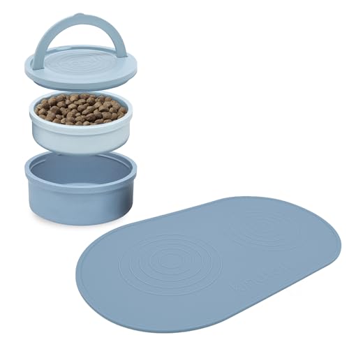KindTail Pet Bowl Set + Silicone Pet Food Mat - Includes 2 Portable Dog Bowls with Lid & Handle + 1 Waterproof Pet Feeding Mat - Made from Food-Grade, Dishwasher-Safe Materials - BPA & Toxin-Free