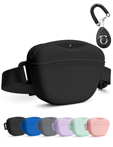 heouvo Dog Treat Pouch with Training Clicker, Upgrade Stronger Magnetic Closure to Avoid Spilling, 1.67 Cup Silicone Treat Bag Fanny Pack with Waist Belt for Pet Training Walking (Black) - color: Black