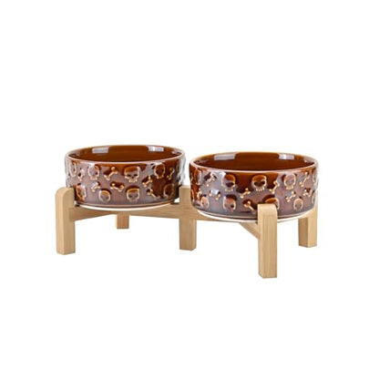 SPUNKYJUNKY Elevated Dog Bowls Ceramic, 5.1'' Dogs and Cat Food Water Bowls Raised with Non-Slip Bamboo Stand for Puppy Small Sized Breed Microwave Dishwasher Safe - 13.5 OZ,Skull Bronze - color: Bronze - Skull, size: 5.1 in - 1.7 cups