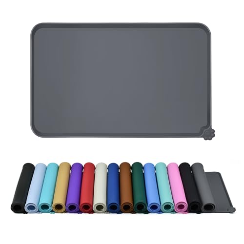 Reopet Silicone Pet Feeding Mat - Waterproof & Non-Slip Dog Cat Placemat | High Raised Edges Prevent Food & Water Spills to Protect Floors, Easy to Clean, Fit for Dog Cat Bowls - color: Grey, size: 22" x 14"