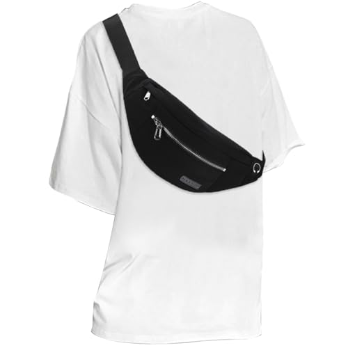 MAXTOP Large Crossbody Fanny Pack with 4-Zipper Pockets,Gifts for Enjoy Sports Festival Workout Traveling Running Casual Hands-Free Wallets Waist Pack Phone Bag Carrying All Phones - color: Black(Washed Nylon with Silver Metal Zipper), size: Large, style: