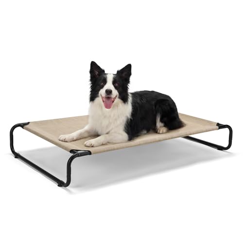 Veehoo Cooling Elevated Dog Bed, Outdoor Dog Bed for Large Dogs, Raised Dog Cot with Thickened Frame, Durable Teslin Mesh & Anti-Slip Rubber Feet, Pet Hammock for Indoor or Camping, 41" x 26", Beige - color: Beige, size: 41.0" x 26.0" x 7.9"