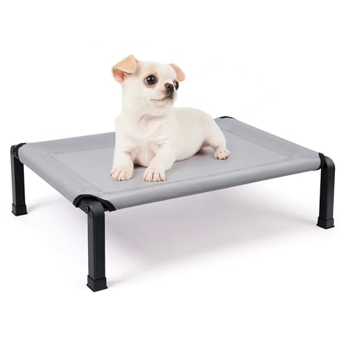 Heeyoo Elevated Dog Bed, Cooling Raised Pet Cot with Chew Proof Mesh Fabric and Steel Frame, Portable Dog Cot Bed with No-Slip Rubber Feet, 26 in - color: Grey, size: 26"L x 17"W x 7"H