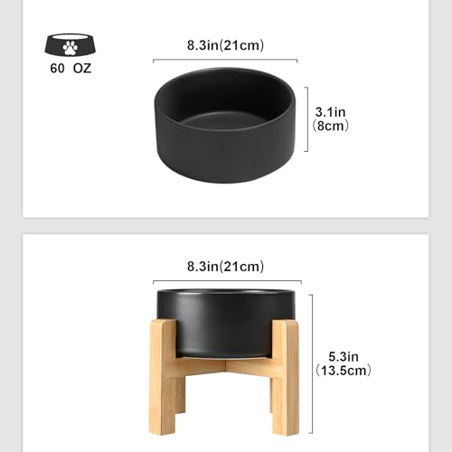 SPUNKYJUNKY Ceramic Elevated Dog Bowls 2 Pack - 8.3inch Raised Dog Bowls with Non-Slip Wooden Stand for Large Dogs Dishwasher Safe(Black,60OZ*2) - color: Black, size: Large - 7.6 CUPS*2