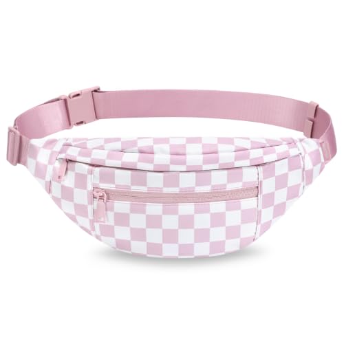 MAXTOP Large Crossbody Fanny Pack with 4-Zipper Pockets,Gifts for Enjoy Sports Festival Workout Traveling Running Casual Hands-Free Wallets Waist Pack Phone Bag Carrying All Phones - color: Checkered-Rose Pink, style: Large Fanny Pack(4 Zipper Pockets)