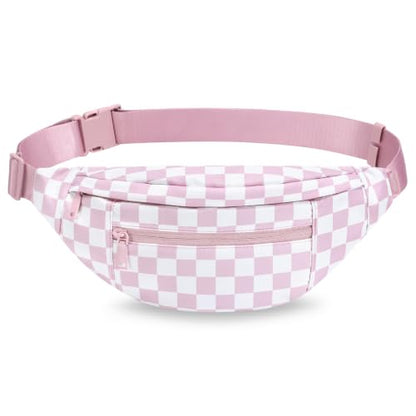 MAXTOP Large Crossbody Fanny Pack with 4-Zipper Pockets,Gifts for Enjoy Sports Festival Workout Traveling Running Casual Hands-Free Wallets Waist Pack Phone Bag Carrying All Phones - color: Checkered-Rose Pink, style: Large Fanny Pack(4 Zipper Pockets)