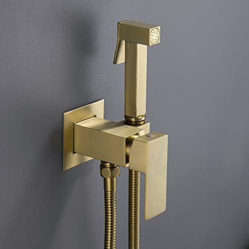 SHAMANDA Warm Water Bidet Sprayer for Toilet with Hot and Cold Brass Rough-in Valve, Stainless Steel Handheld Bidet Attachment Set for Feminine, Pets and Baby Diaper Wash, Brushed Gold, BDS08-3 - color: Brushed Gold, style: Hot & Cold Water Modes-Square
