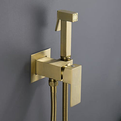 SHAMANDA Warm Water Bidet Sprayer for Toilet with Hot and Cold Brass Rough-in Valve, Stainless Steel Handheld Bidet Attachment Set for Feminine, Pets and Baby Diaper Wash, Brushed Gold, BDS08-3 - color: Brushed Gold, style: Hot & Cold Water Modes-Square