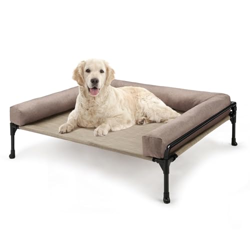 Veehoo Elevated Raised Dog Bed-Cooling Outdoor Dog Cot Bed for Large Sized Dogs Three-Sided Fence Raised Pet Cot with Mesh &No-Slip Feet Dog Hammock Bed with Removable Bolster-35 x 22" Beige Coffee - color: Beige Coffee, size: 35.0"L x22.0"W x 11.0"Th