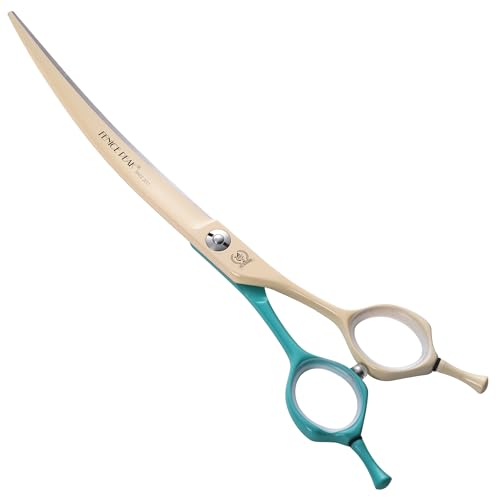 Curved Dog Grooming Scissors with Coating 440C Stainless Steel, 7 inch Professional Curved Shears Dog Grooming，25 Degree of Curved Blade，Pet Shear for Trimming Face and Paws, Green & White - color: Green&white