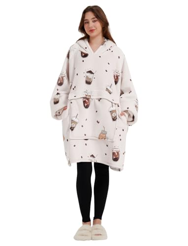 KFUBUO Wearable Blanket Hoodie for Adults Sherpa All Patterns Oversized Sweatshirt Blanket with Pocket - color: Milk Tea, size: Adult