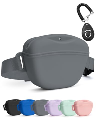 heouvo Dog Treat Pouch with Training Clicker, Upgrade Stronger Magnetic Closure to Avoid Spilling, 1.67 Cup Silicone Treat Bag Fanny Pack with Waist Belt for Pet Training Walking (Grey) - color: Grey