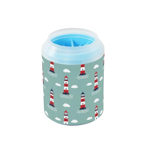 Lighthouse Cloud Teal Print Dog Paw Cleaner Cup with Soft Silicone Brush, Small Lightweight Portable Muddy Paw Washer for Dogs, Easy to Use Pet Foot Cleaner