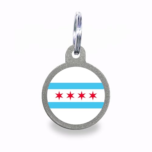 Chicago Flag Personalized Dog Tag Custom Engraved Stainless Steel Pet ID Tag with Silencer and Split Ring, Circle - color: Chicago Flag, size: Circle
