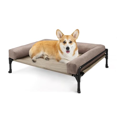 Veehoo Elevated Raised Dog Bed-Cooling Outdoor Dog Cot Bed for Medium Sized Dogs Three-Sided Fence Raised Pet Cot with Mesh &No-Slip Feet Dog Hammock Bed with Removable Bolster-29 x 18" Beige Coffee - color: Beige Coffee, size: 29.0"L x 18.0"W x 11.0"Th