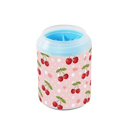 Cherries Hearts Pink Print Dog Paw Cleaner Cup with Soft Silicone Brush, Small Lightweight Portable Muddy Paw Washer for Dogs, Easy to Use Pet Foot Cleaner