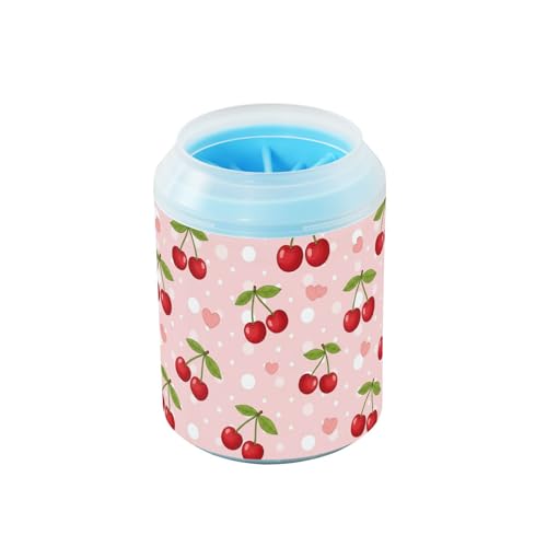 Cherries Hearts Pink Print Dog Paw Cleaner Cup with Soft Silicone Brush, Small Lightweight Portable Muddy Paw Washer for Dogs, Easy to Use Pet Foot Cleaner