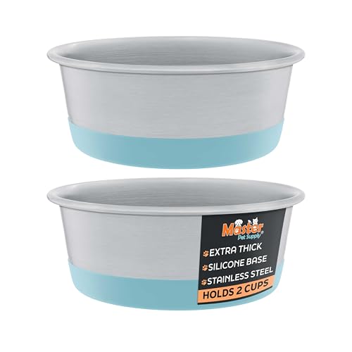 Master Pet Supply Stainless Steel Dog Bowls Set of 2 with Extra Thick Silicone Base - 2 Cup (16 oz) Aqua Sky, Non-Slip, Dishwasher Safe Metal Bowls, Pet Dog Food Bowl for Dogs, Cats, Anti Rust - color: Aqua Sky, size: 2 Cups (16 oz) 2 Pack