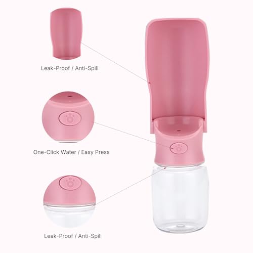 Foldable Dog Water Bottle, Leak Proof Portable Pet Water Dispenser for Dogs and Cats, One-Hand Travel Water Bottle for Walking Hiking Outdoor Use (350ml, Pink)