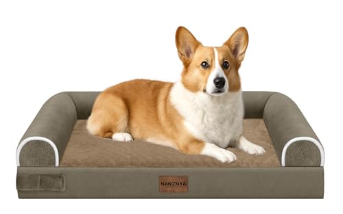 NANUYA Orthopedic Dog Bed for Medium Dogs, 30 x 20 Inch, Brown | Egg crate foam for joint support, 3-sided bolster pet sofa, waterproof lining, washable cover, and non-skid base - color: Brown, size: 30.0"L x 20.0"W x 6.0"Th