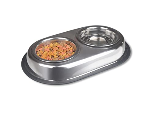 Van Ness Pets Stainless Steel Double Dish Food And Water Bowl For Cats/Small Dogs, 16 OZ, Wide No-Tip Base - size: 16 oz