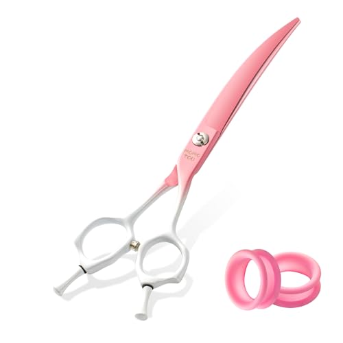 7'' Curved Dog Grooming Scissors Pink to White Gradient | 440C Stainless Steel, Sharp Durable, Professional or Home Use,Ergonomic Handle with 2 Silicone Finger Rings - color: Pink